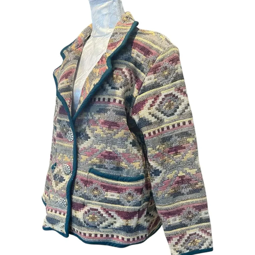 Vintage Patchwork Blazer Womens Size LP Tan Stripe Cotton Aztec Southwestern - Picture 16 of 16